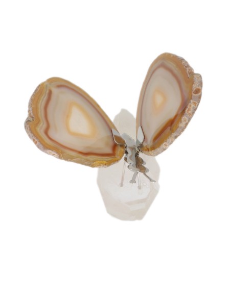 Schmetterling auf Bergkristallsockel 
Flügel aus gemaserte Achatscheiben
ca. 7 x 10 cm
Brasilien