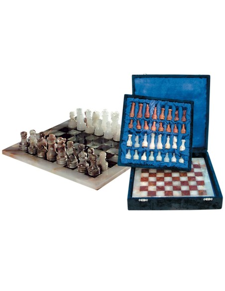 Schachspiel aus Onyxmarmor ca. 40 cm/16 inch,
32 Schachfiguren, 1 Schachbrett
in türkis-blauer Geschenkverpackung
Pakistan
